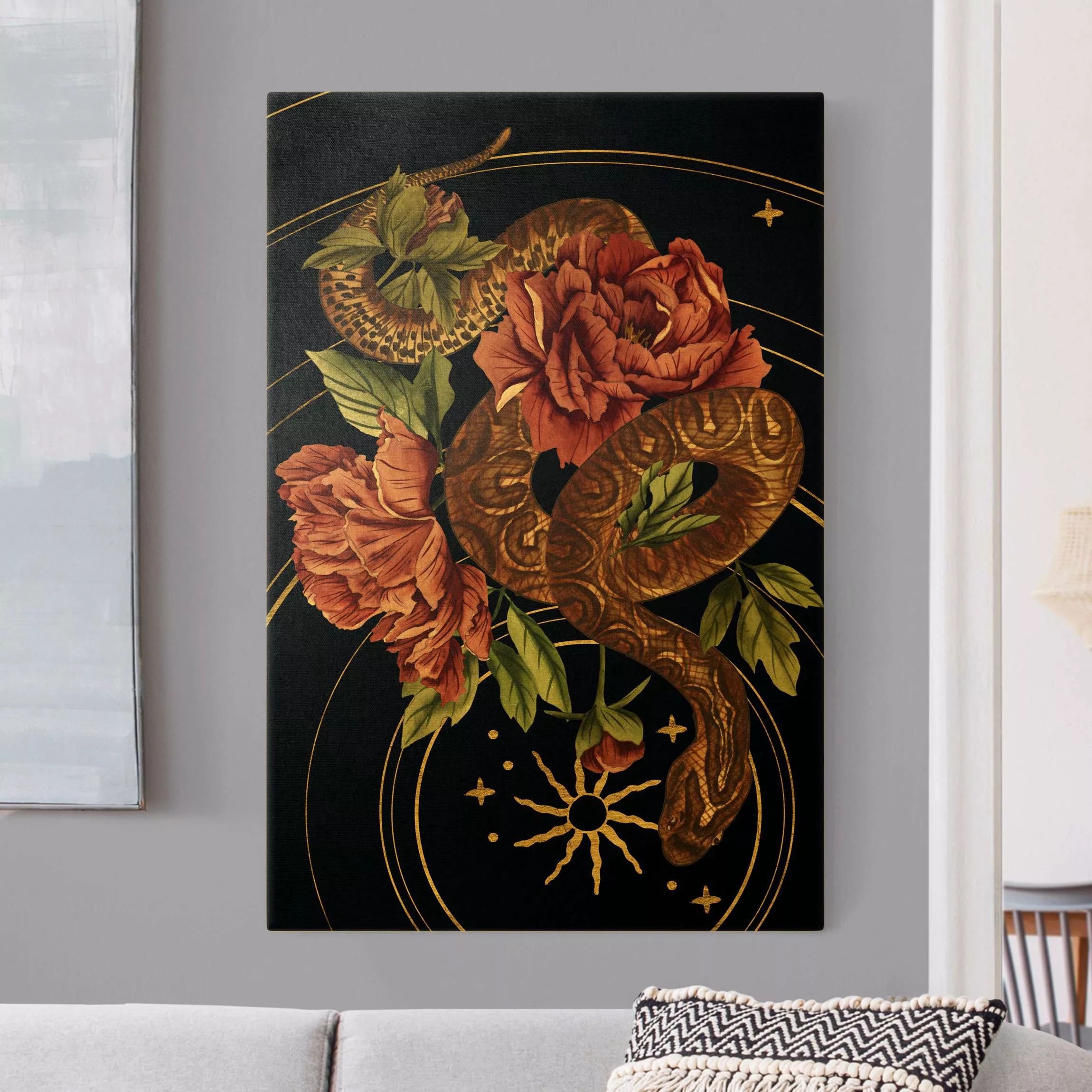 Leinwandbild Gold Schlange mit Rosen Schwarz und Gold III günstig online kaufen