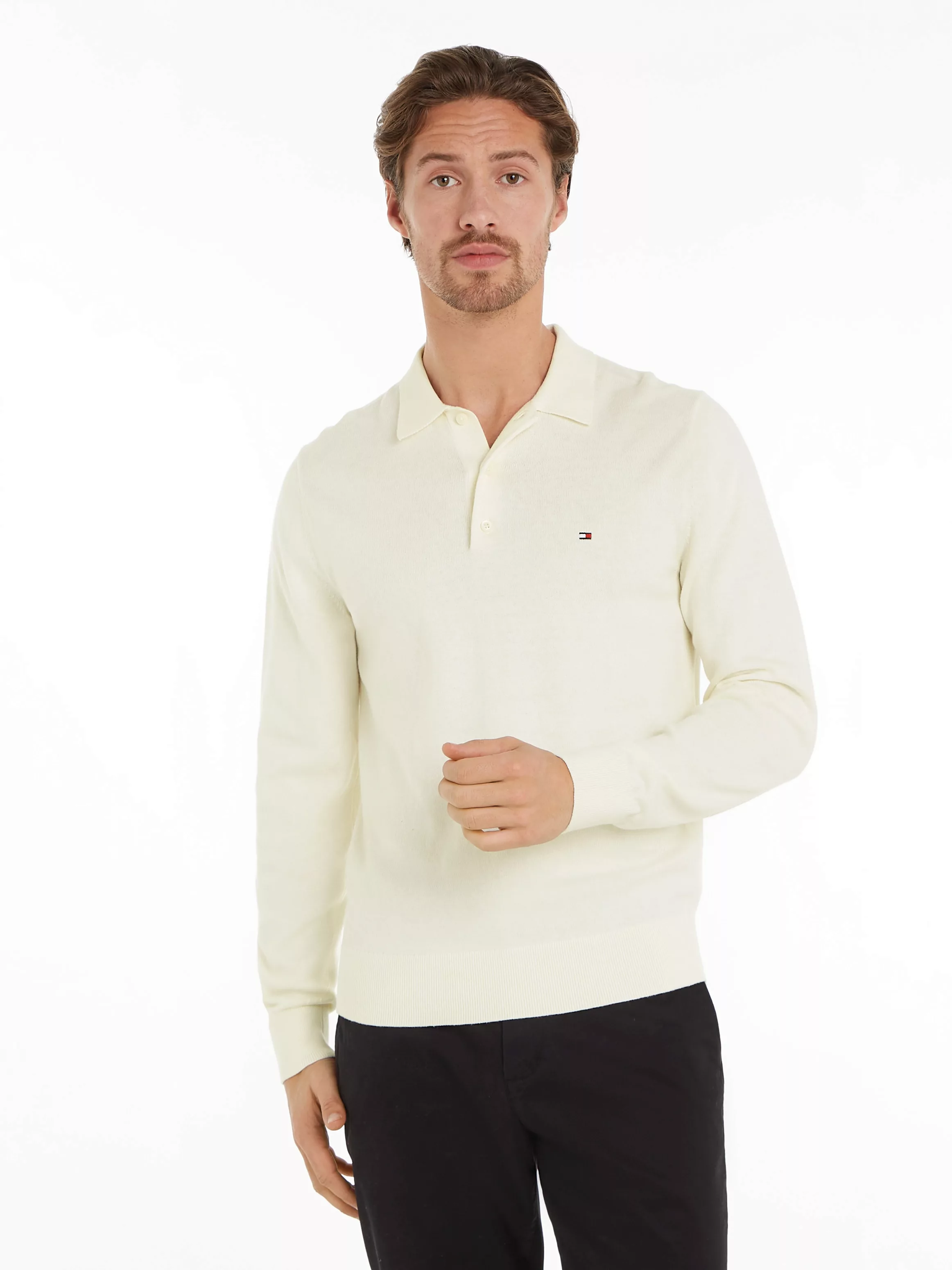 Tommy Hilfiger Polokragenpullover PIMA ORG CTN CASHMERE LS POLO Flag-Sticke günstig online kaufen