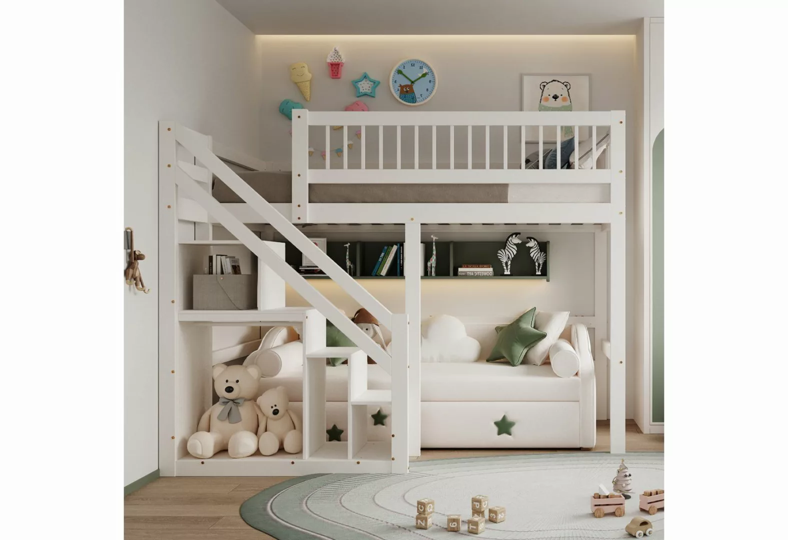 OKWISH Etagenbett Holzbett Kinderbett, Treppe mit Aufbewahrungsschrank (Jug günstig online kaufen