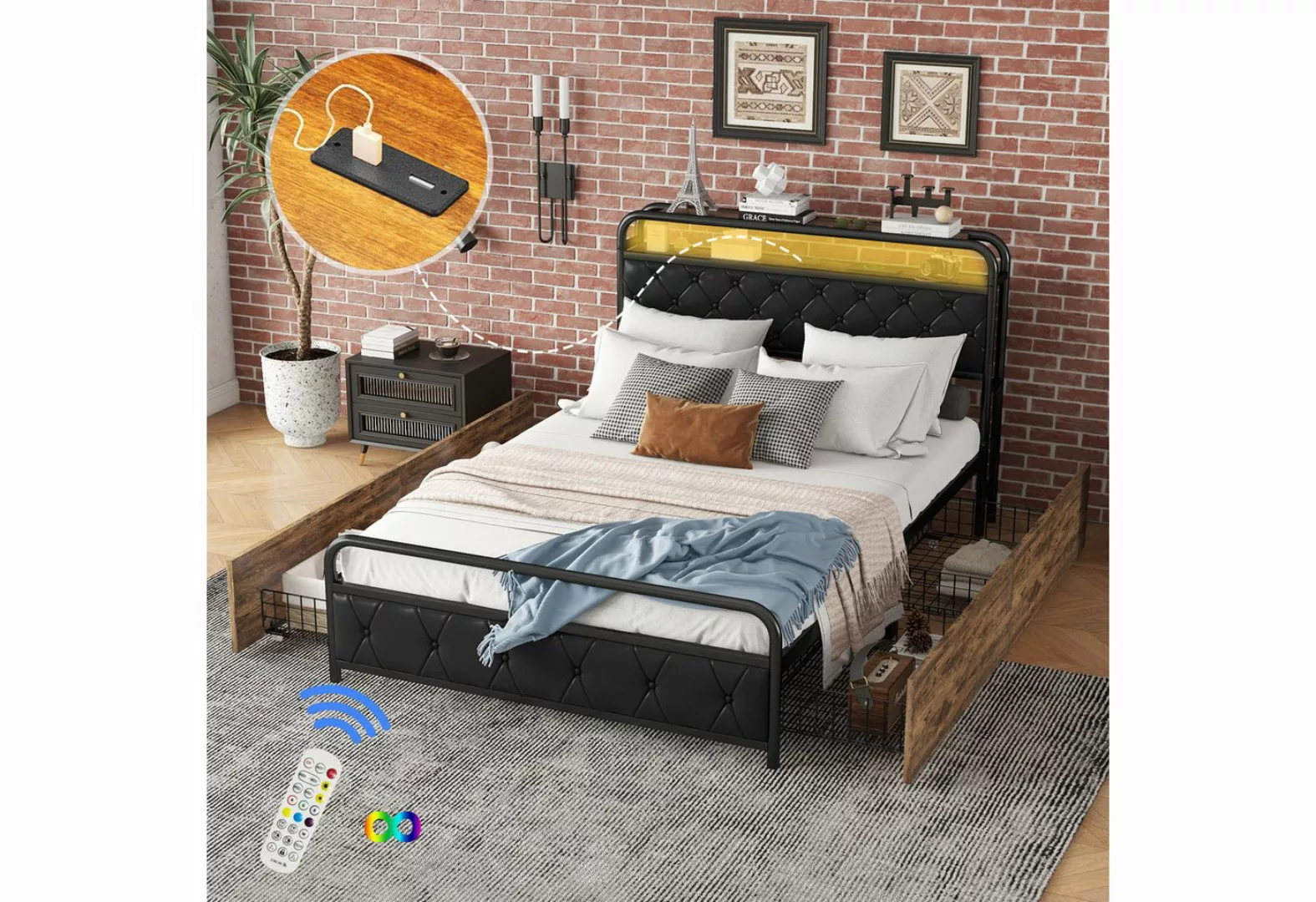 Flieks Metallbett, LED Beleuchtung Doppelbett 140x200cm mit USB-Aufladen un günstig online kaufen