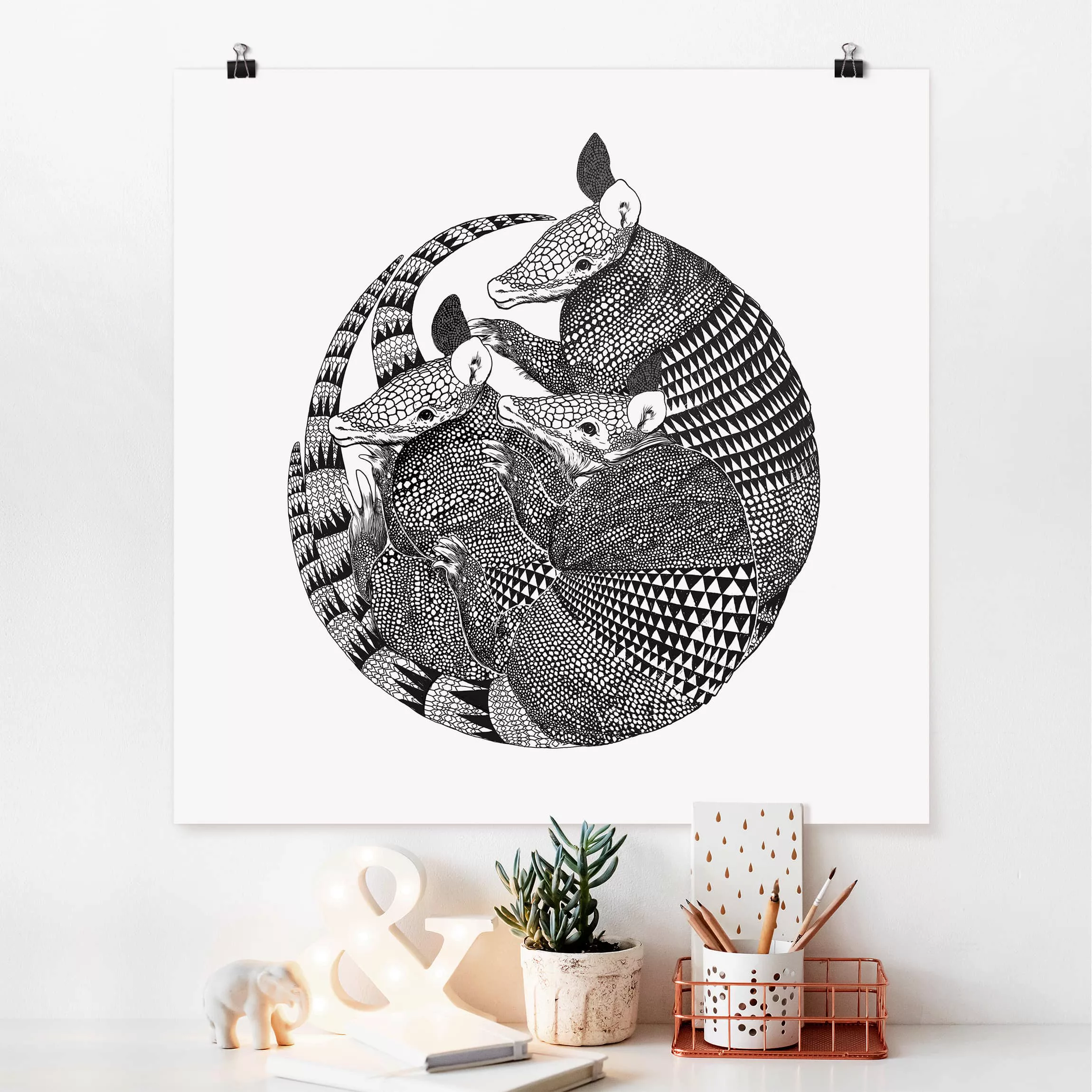 Poster Tiere - Quadrat Illustration Gürteltiere Schwarz Weiß Muster günstig online kaufen