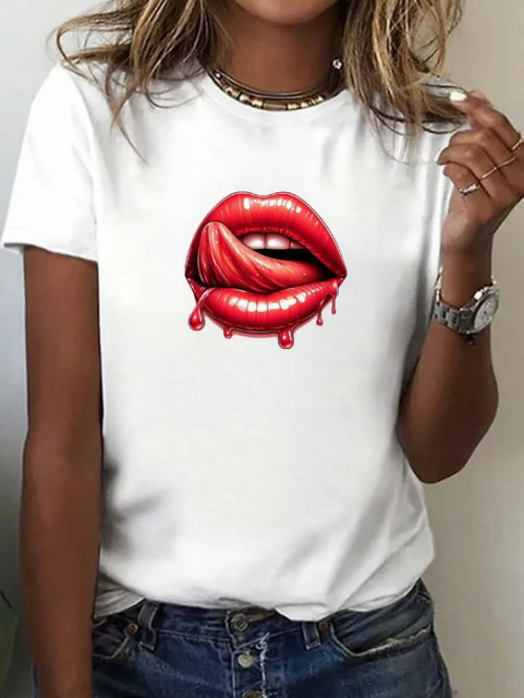 RMK T-Shirt Damen Shirt Top Sommer Basic Lippen Kussmund Graffiti günstig online kaufen