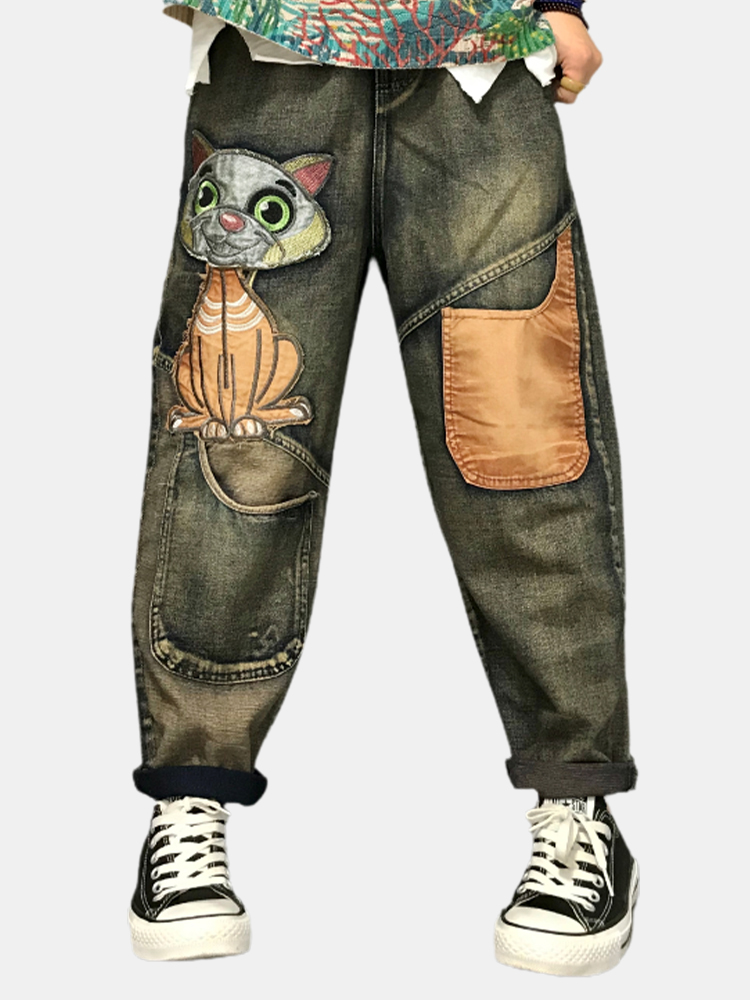 Katze Stickerei Patchwork Harem Jeans mit loser Jeans und hoher Taille günstig online kaufen