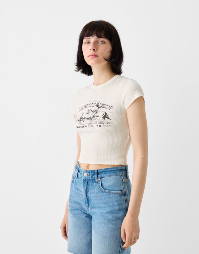 Bershka T-Shirt Aus Waffelgewebe Mit Kurzen Ärmeln Damen L Rohweiß günstig online kaufen