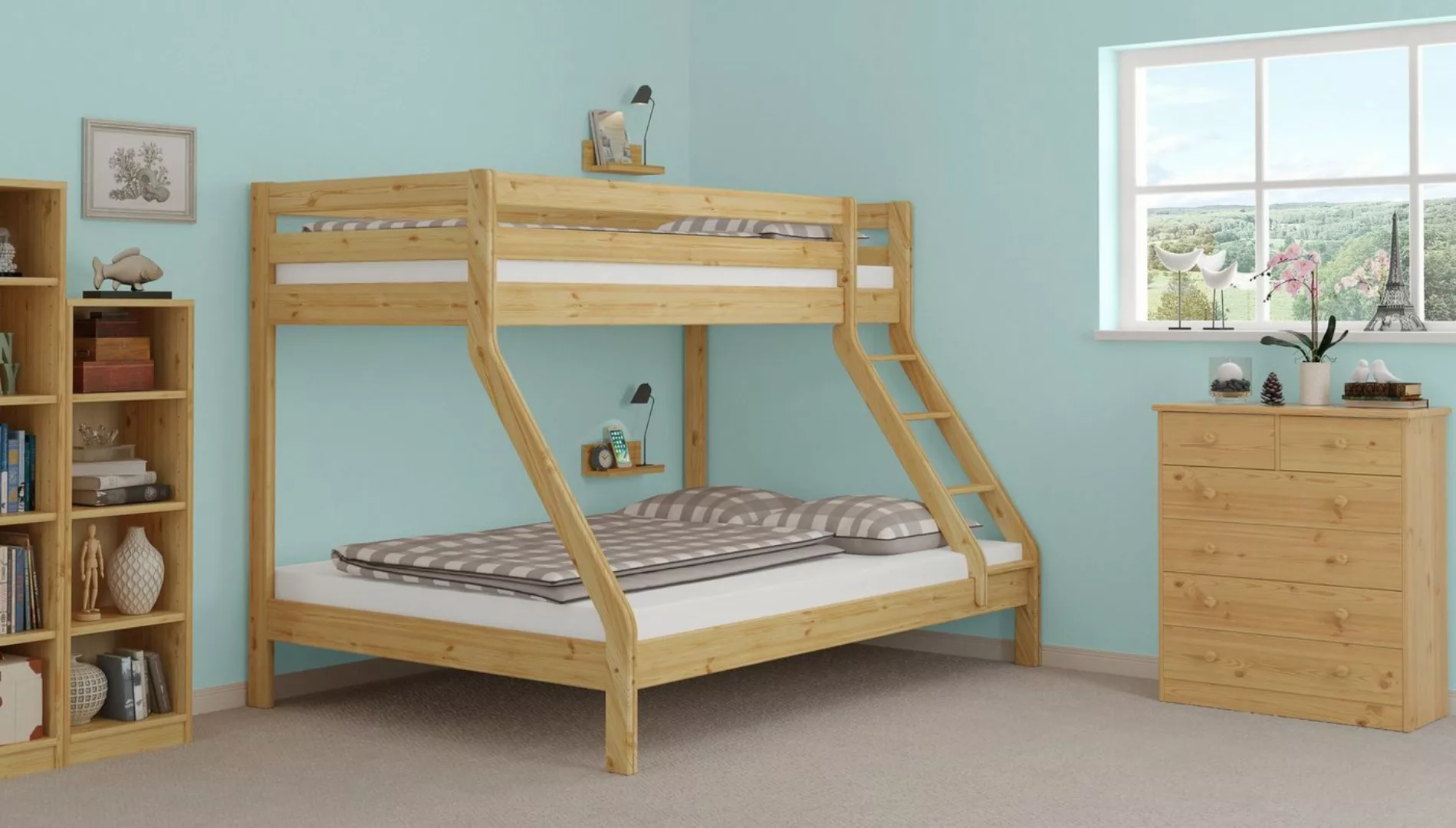 ERST-HOLZ Etagenbett Doppel-Etagenbett 140x200 u. 90x200 Kiefer mit Rollros günstig online kaufen