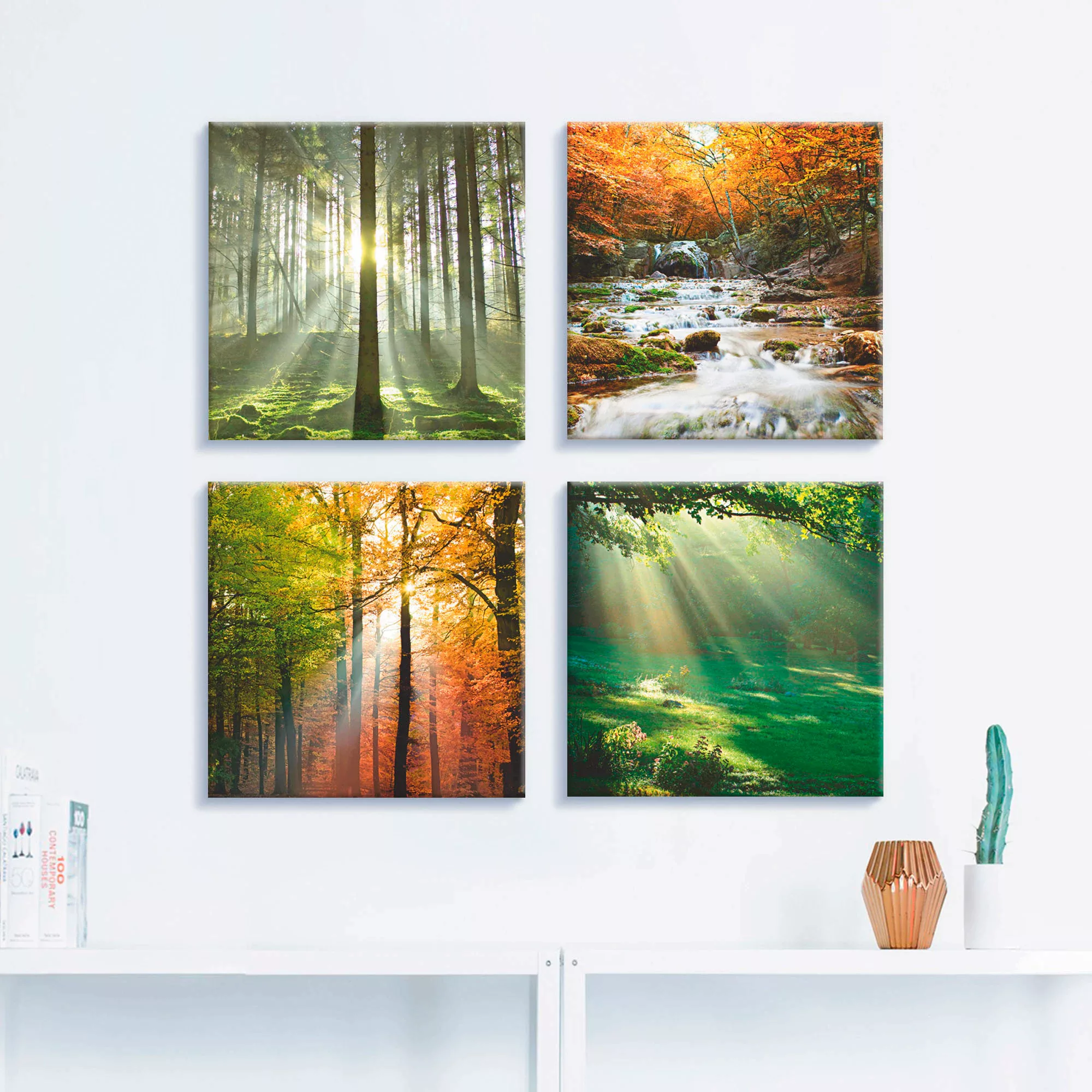 Artland Leinwandbild "Wald Wasserfall Herbsttag", Wald, (4 St.), 4er Set, v günstig online kaufen