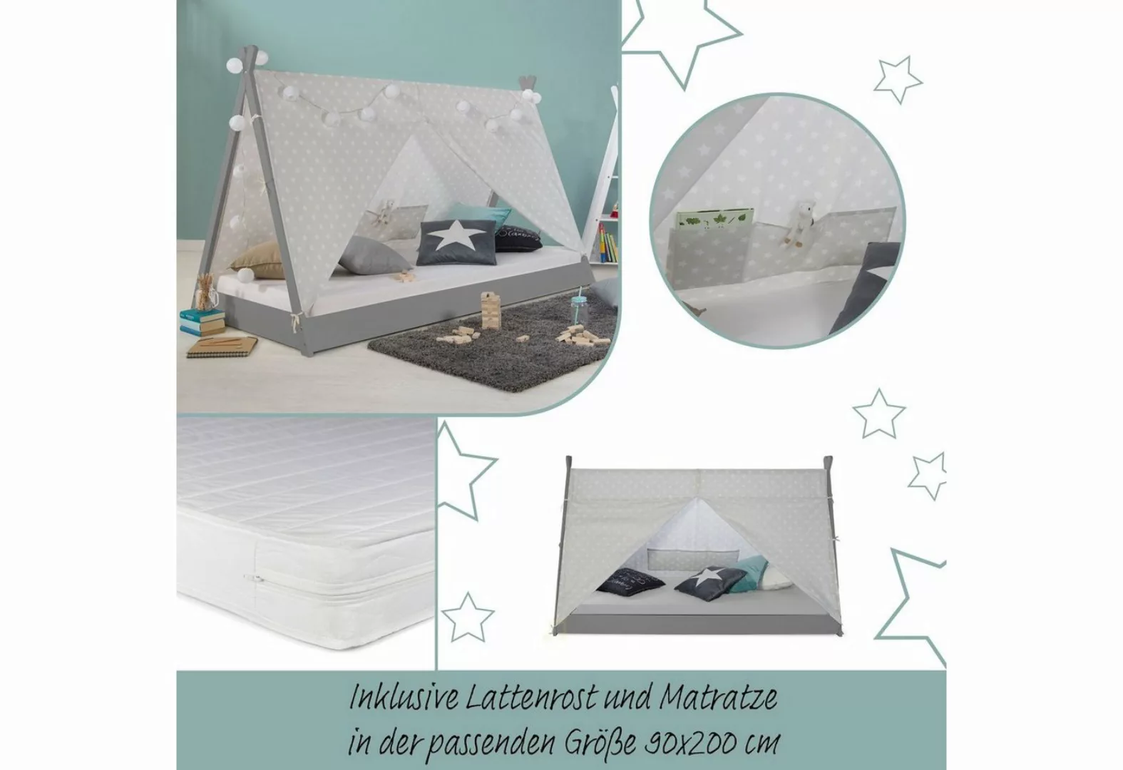 Homestyle4u Kinderbett 90x200 mit Matratze Hausbett TIPI Weiß oder Grau Vor günstig online kaufen