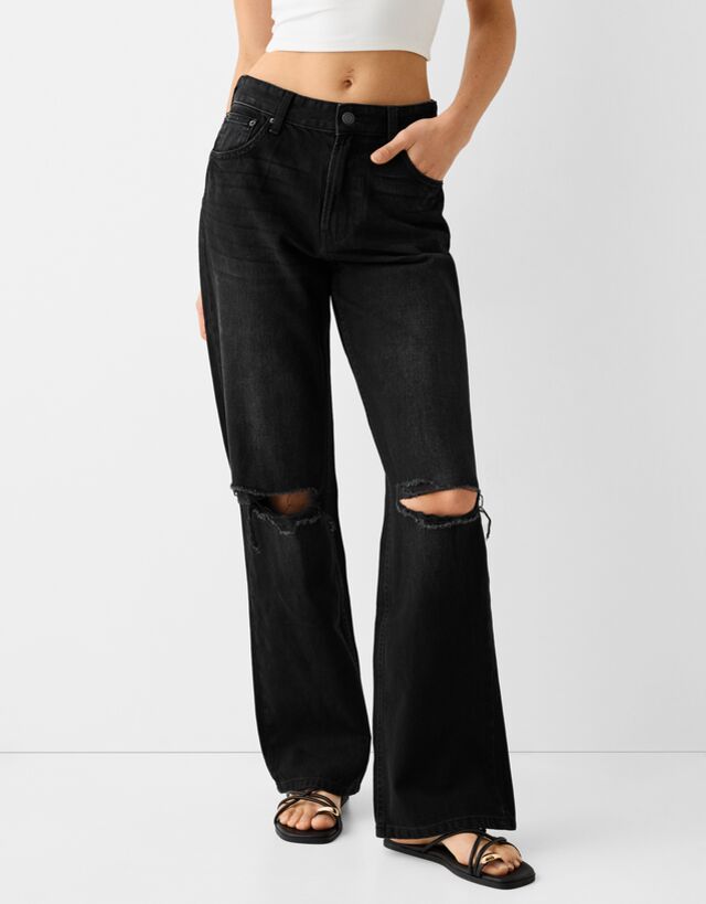 Bershka Wide Leg 90'S Jeans Mit Rissen Damen 40 Schwarz günstig online kaufen