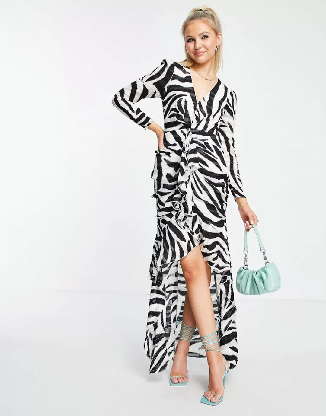 Lipsy – Langärmeliges Rüschenkleid mit Zebramuster-Mehrfarbig günstig online kaufen