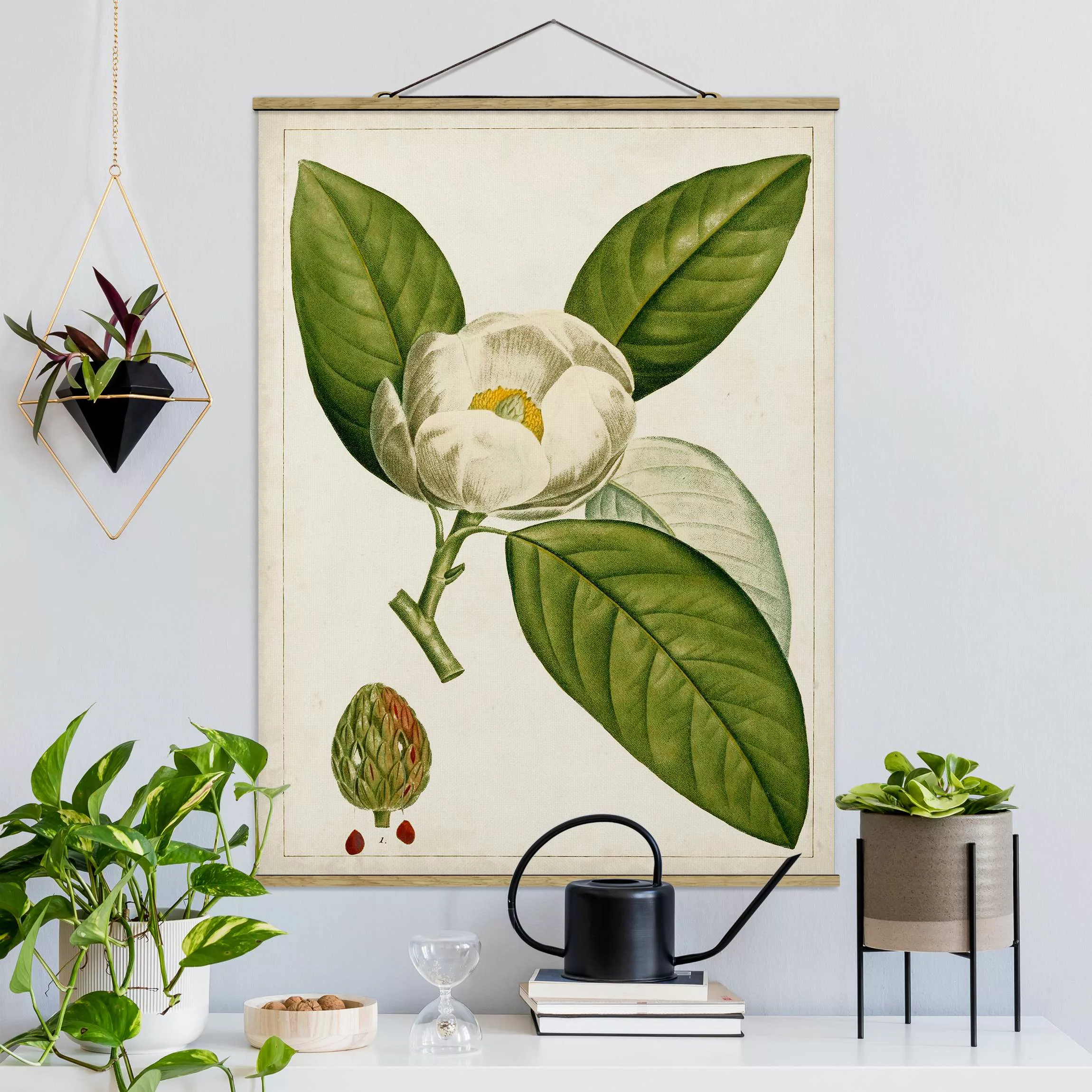 Stoffbild Blumen mit Posterleisten - Hochformat Tableau Blatt Blüte Frucht günstig online kaufen