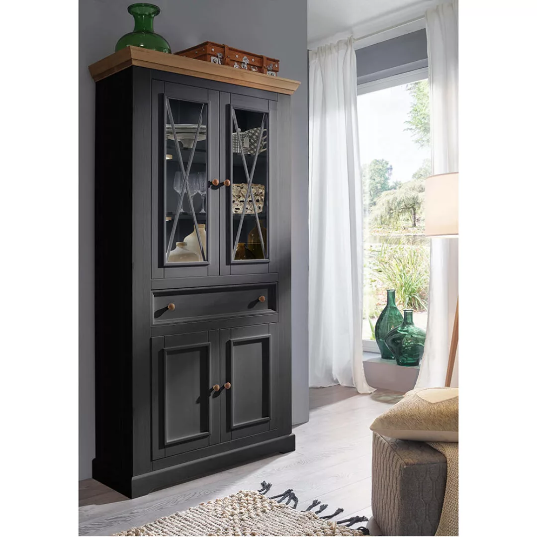 Vitrine 109cm breit Kiefer grau mit Eiche, WARNA-69 günstig online kaufen