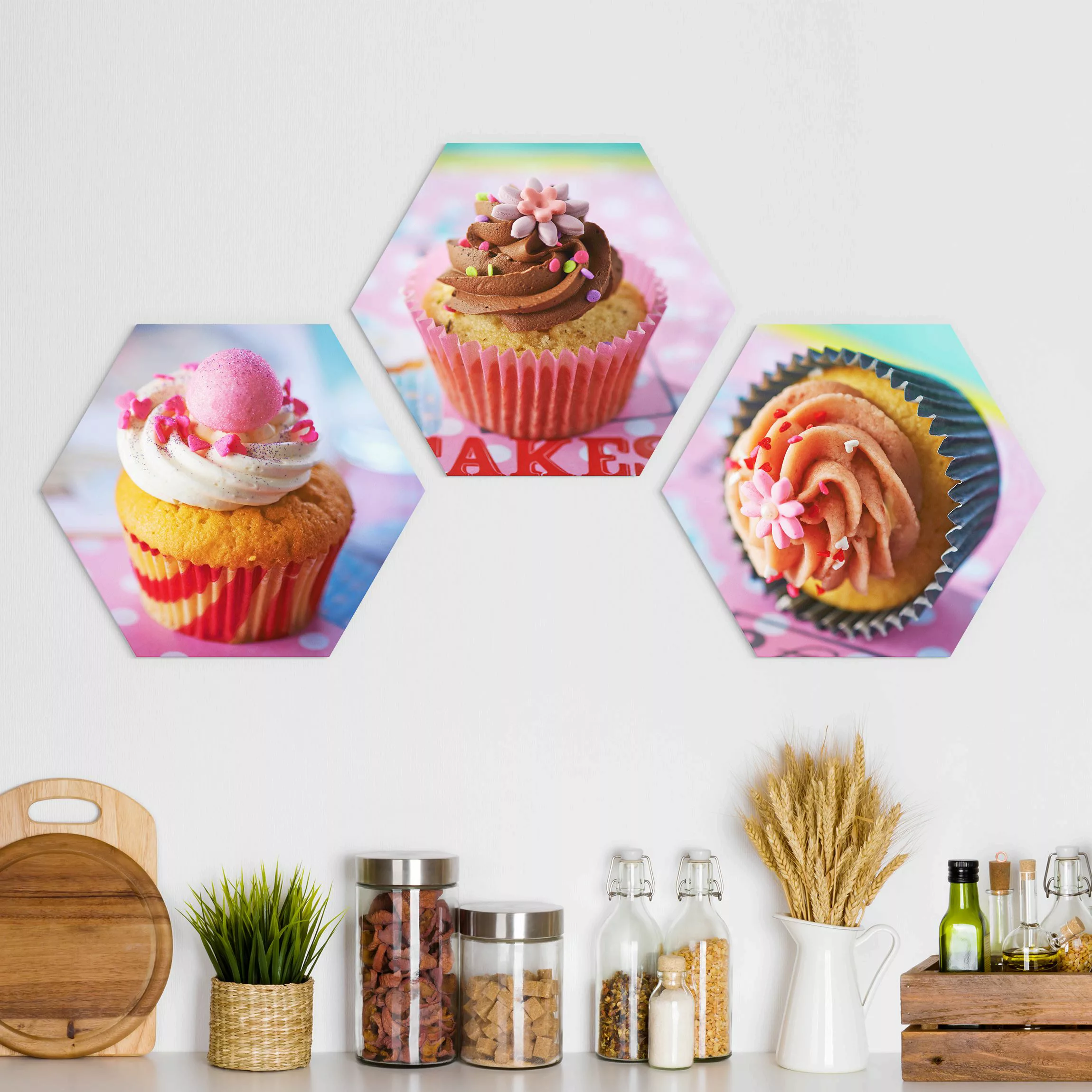 3-teiliges Hexagon-Alu-Dibond Bild Bunte Cupcakes günstig online kaufen