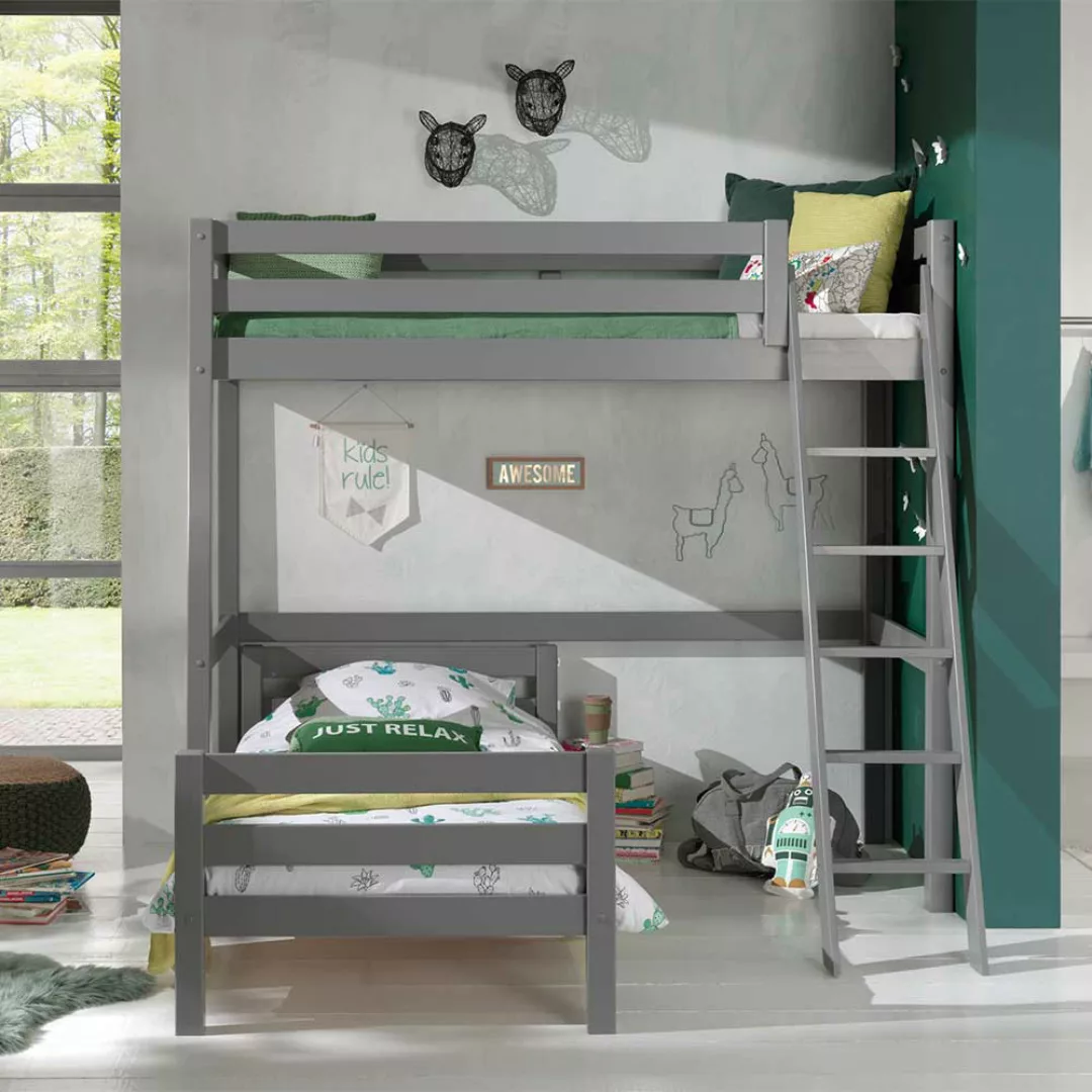 Kinderzimmer Stockbett aus Kiefer Massivholz Grau Leiter günstig online kaufen
