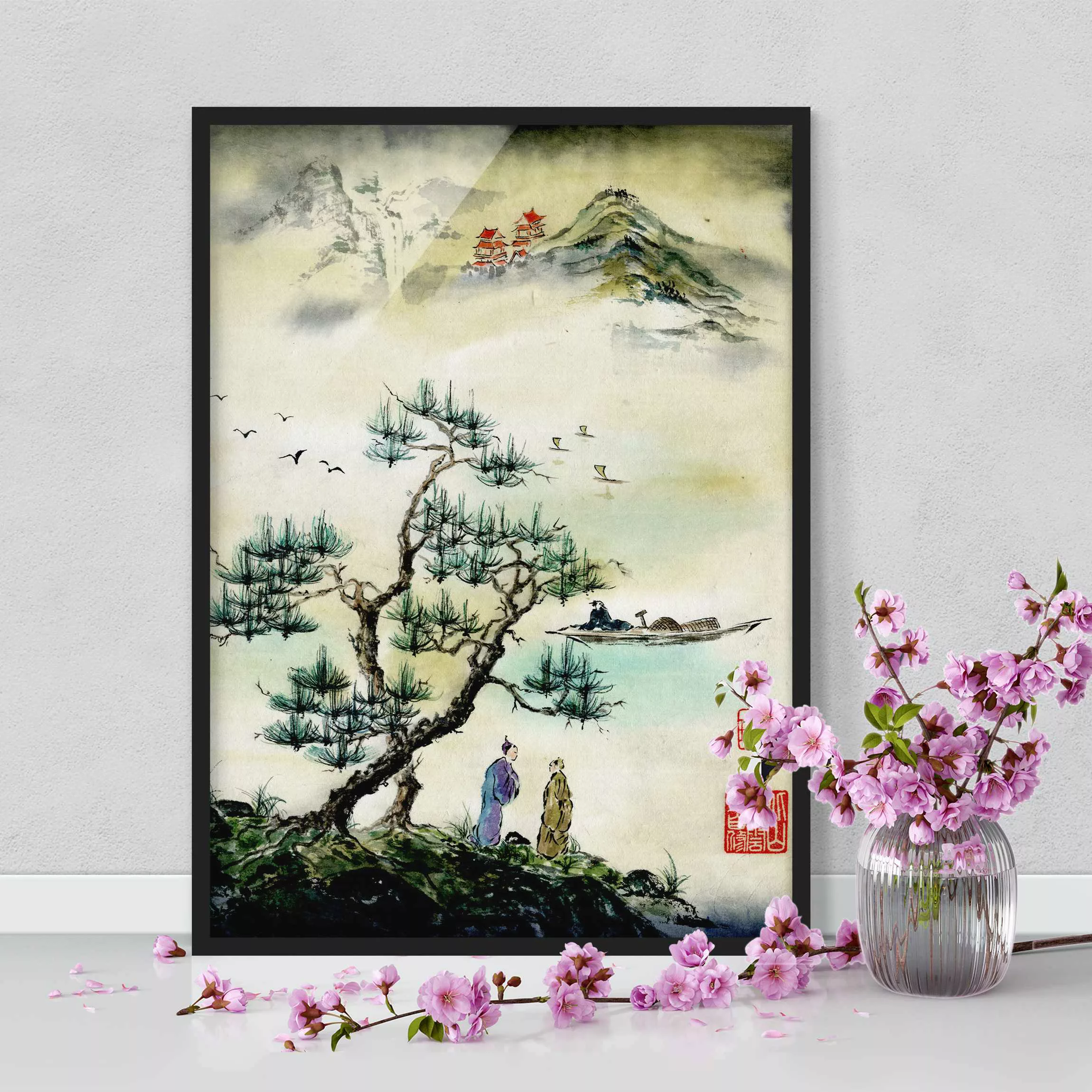 Bild mit Rahmen Natur & Landschaft - Hochformat Japanische Aquarell Zeichnu günstig online kaufen