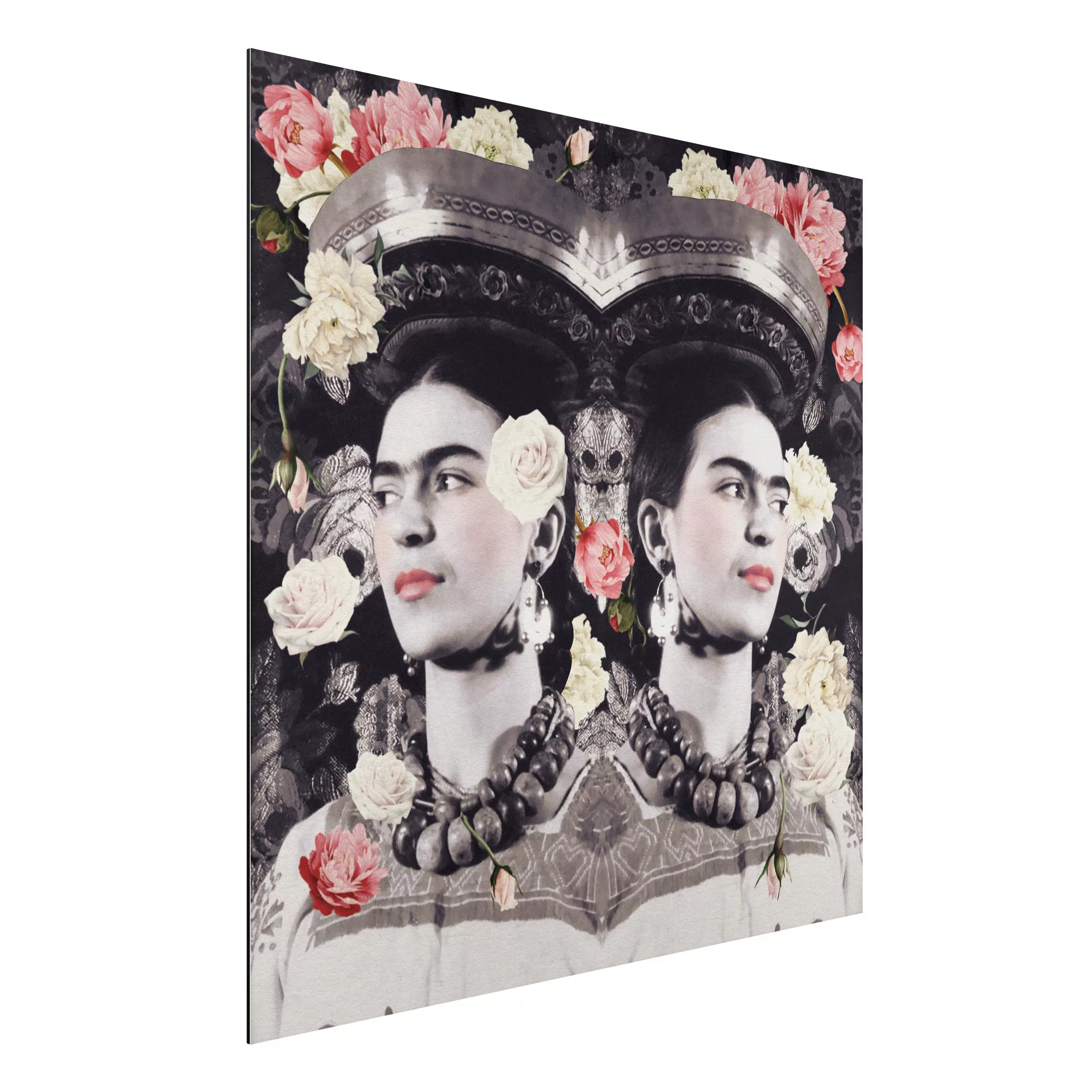 Alu-Dibond Bild Kunstdruck - Quadrat Frida Kahlo - Blumenflut günstig online kaufen