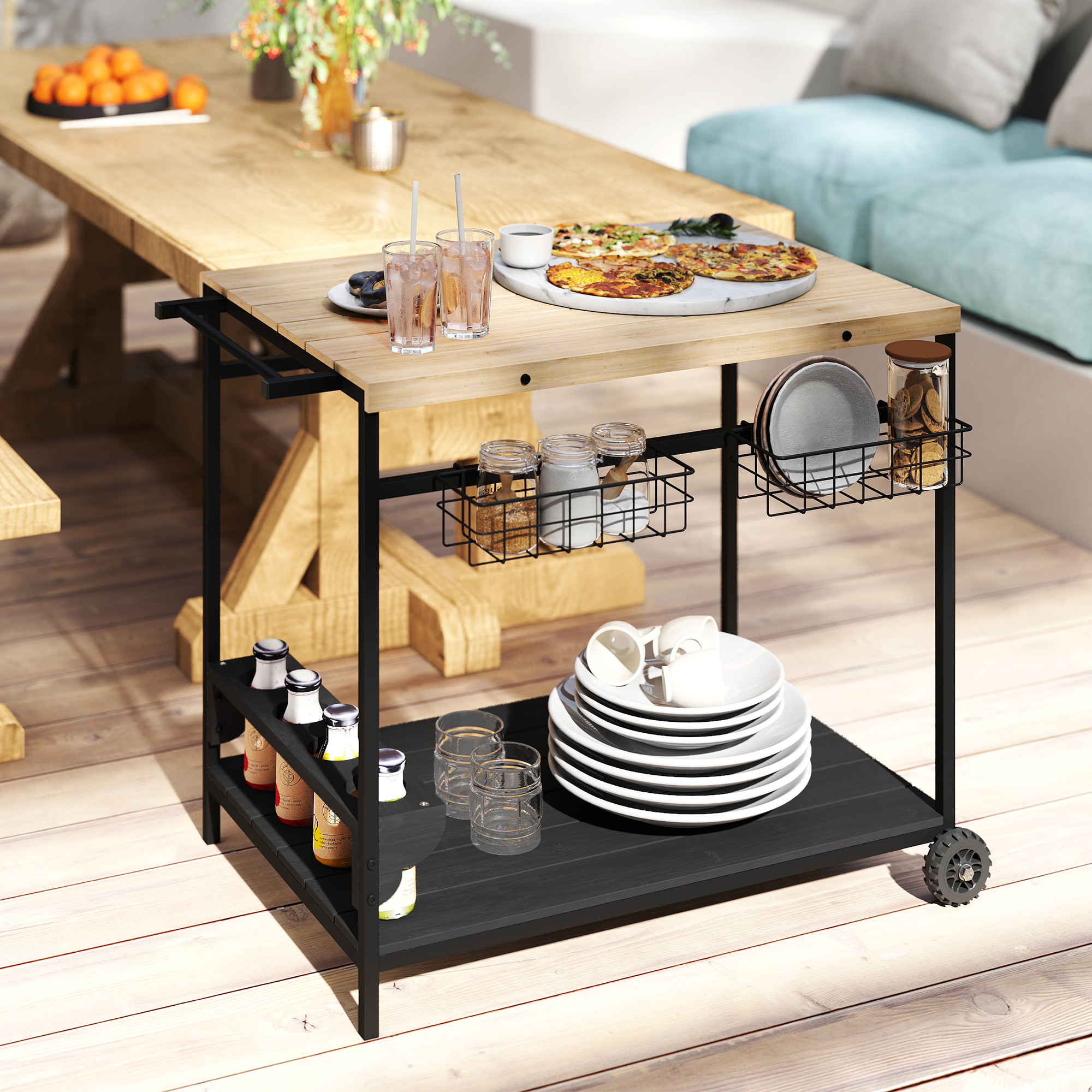 Outsunny Servierwagen Gartenrollwagen mit 2 Ebenen Barbecue Trolley mit Auf günstig online kaufen