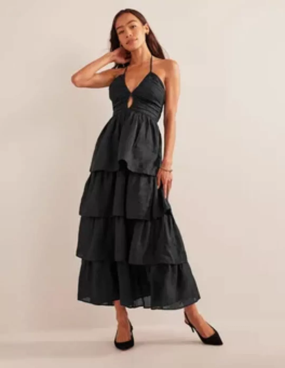 Gestuftes Maxi-Kleid mit Raffungen Damen Boden, Schwarz günstig online kaufen