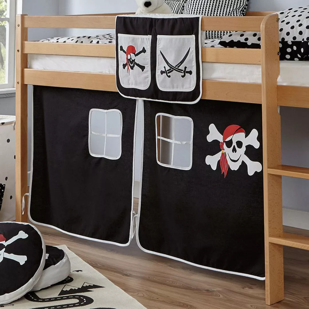 Spielbett Pirat in Buchefarben Schwarz und Weiß Vorhang und Hängeregal günstig online kaufen