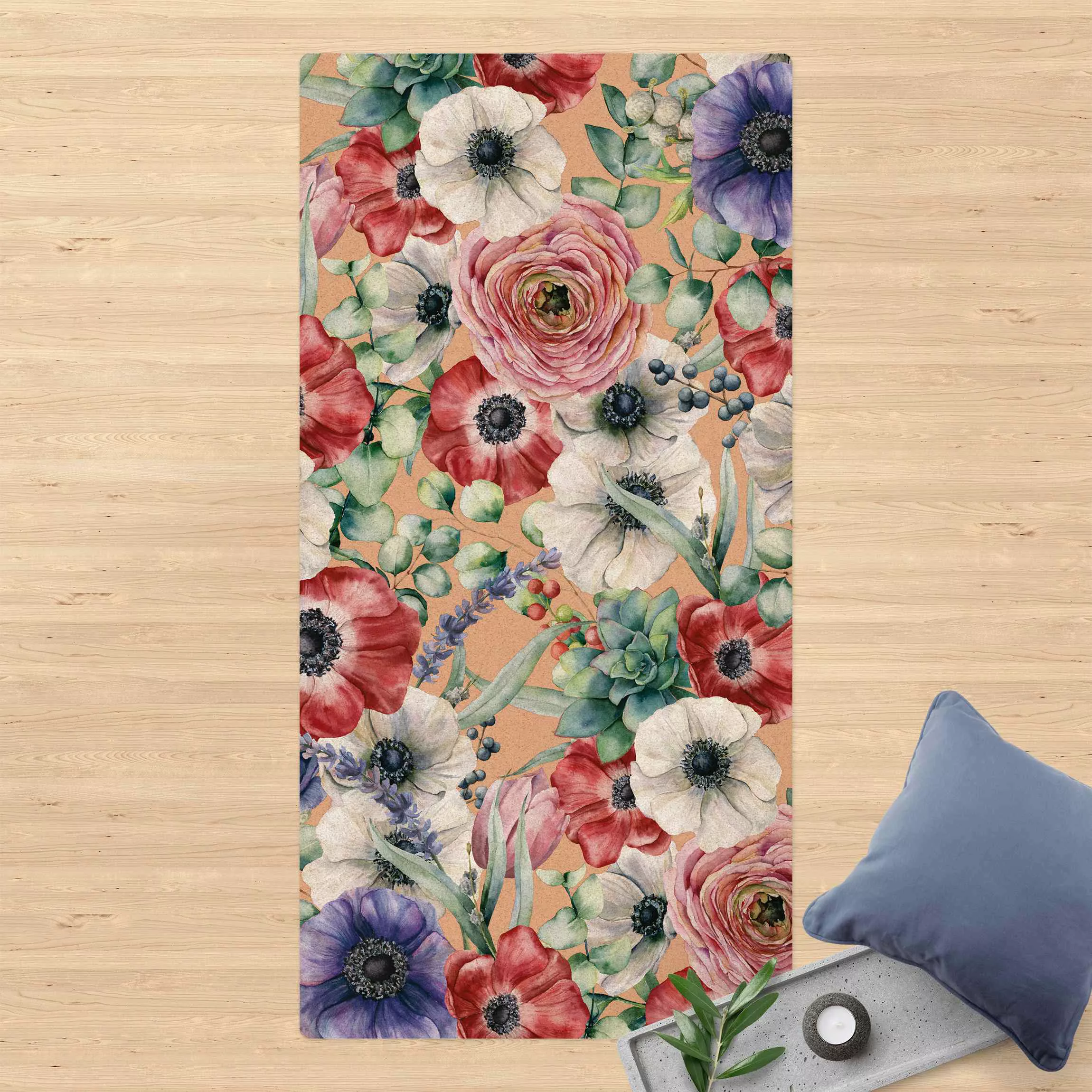 Kork-Teppich Buntes Mohnblumengeflecht Aquarell günstig online kaufen