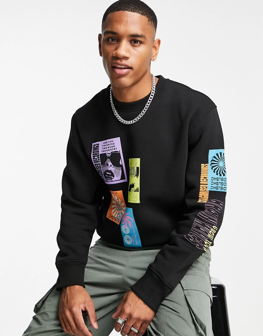 Topman – Sweatshirt in Schwarz mit Legacy-Patch und Print-Grün günstig online kaufen