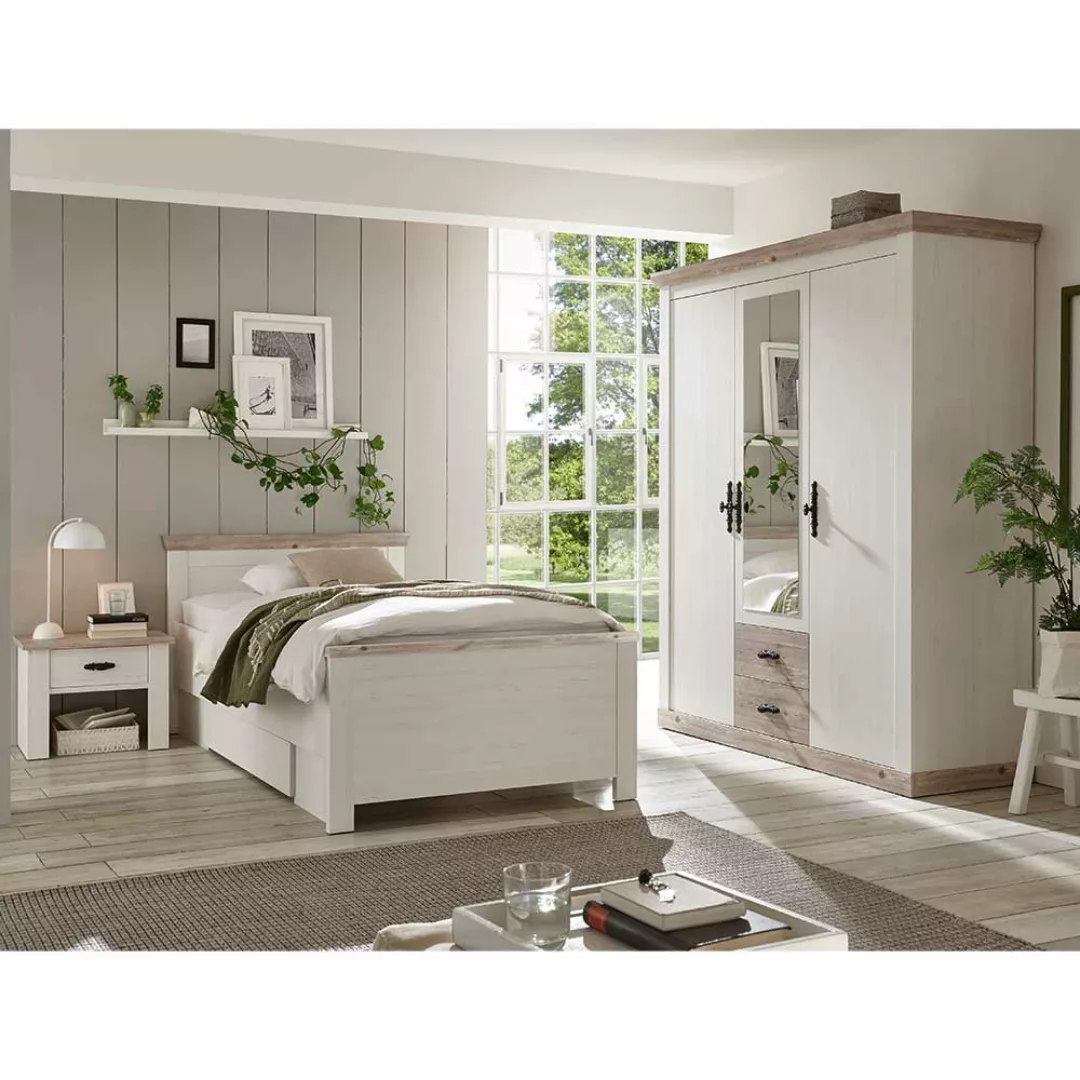 Schlafzimmerset in Weiß und Pinienfarben Landhaus Design (dreiteilig) günstig online kaufen