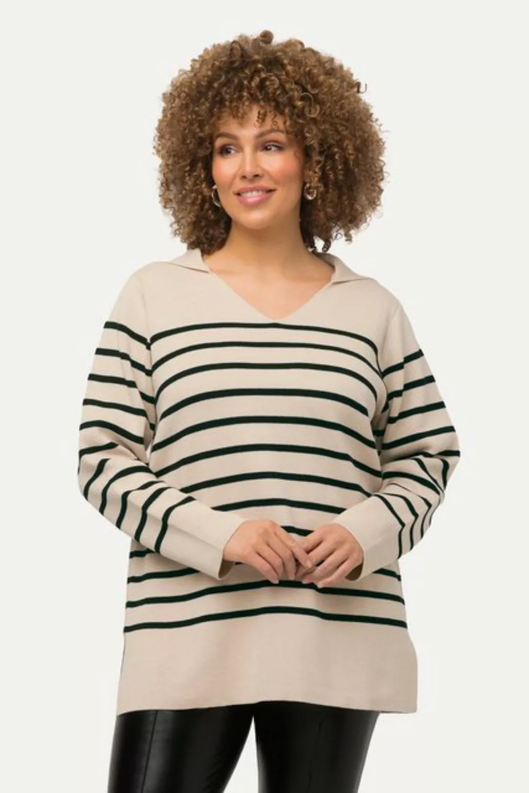 Ulla Popken Strickpullover Pullover Ringel Troyerkragen V-Ausschnitt Langar günstig online kaufen