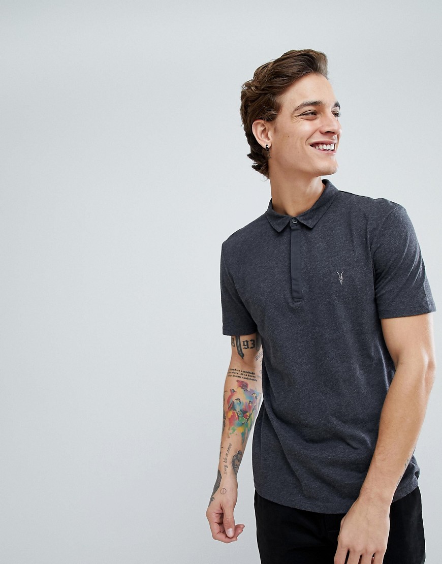 AllSaints – Poloshirt in Anthrazit meliert mit Logo-Grau günstig online kaufen