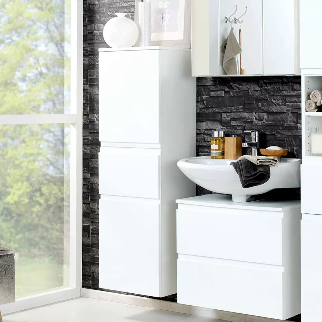 Badezimmermöbel Set in Hochglanz Weiß LED Beleuchtung (vierteilig) günstig online kaufen