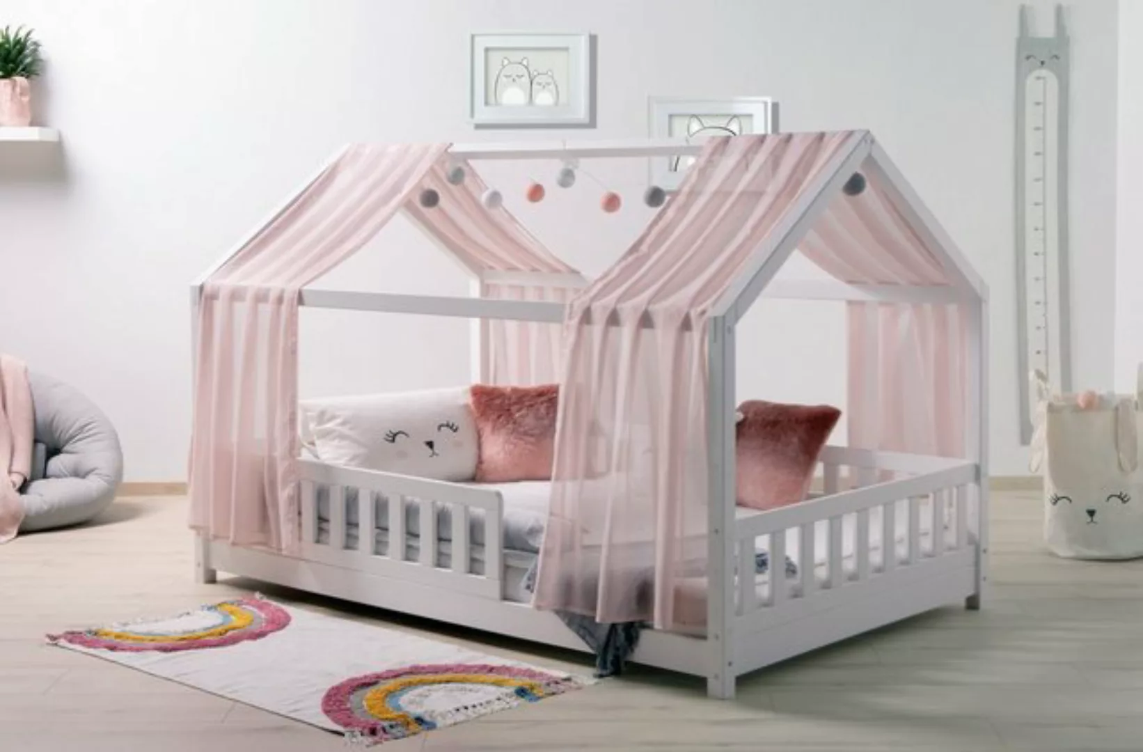 Ticaa Hausbett Kinderbett Bodenbett Hausbett "Kim" Kiefer weiß (Set, Hausbe günstig online kaufen