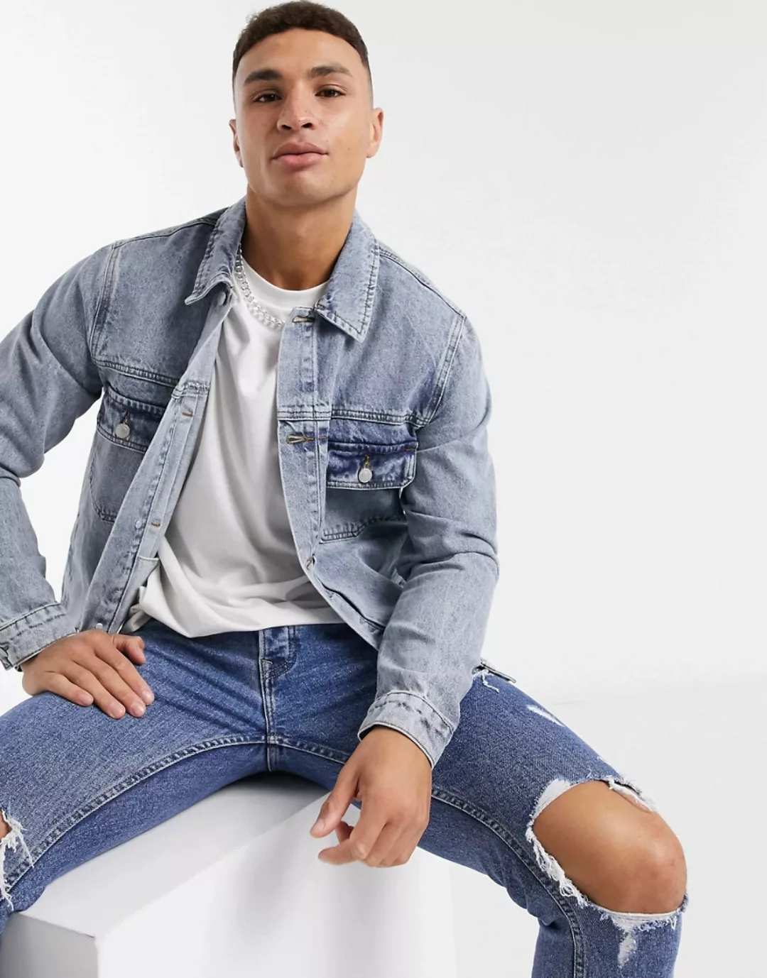 Topman – Jeansjacke aus Bio-Baumwolle in heller Waschung-Blau günstig online kaufen
