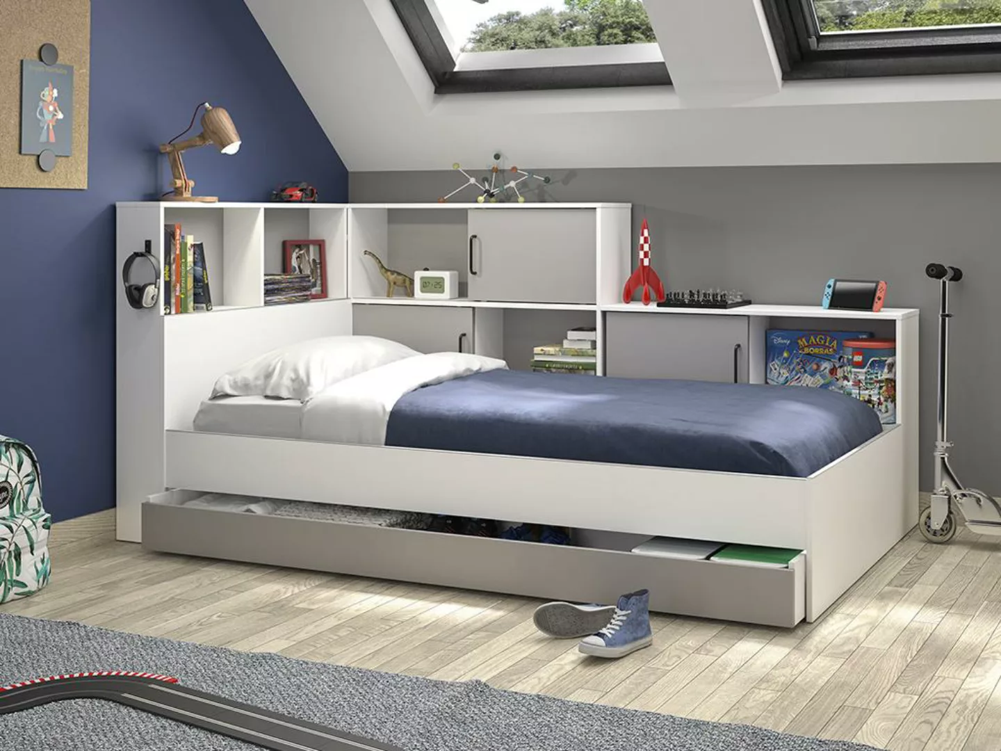 Bett mit Stauraum & Schublade - 90 x 200 cm - Weiß & Grau - ARMAND günstig online kaufen