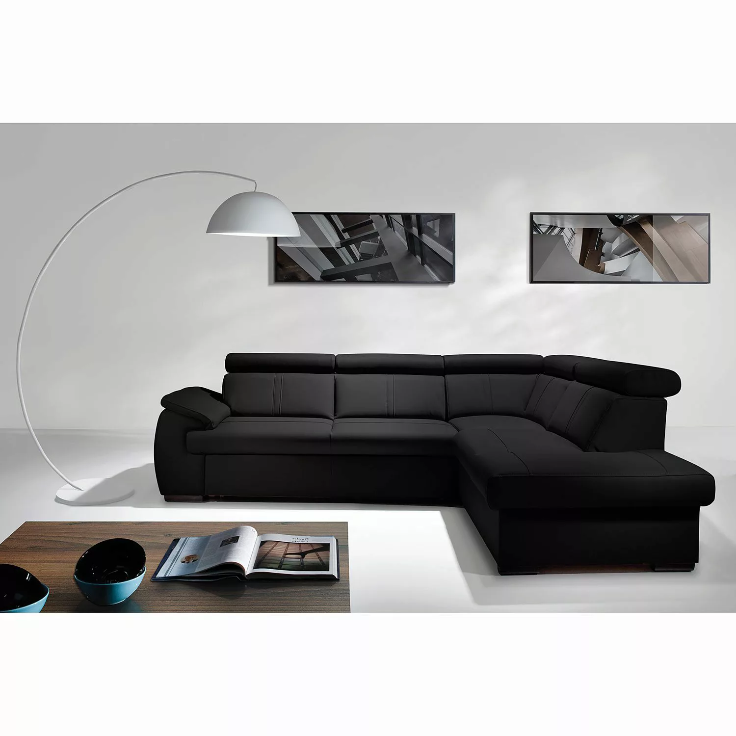 home24 loftscape Ecksofa Olival IV 2-Sitzer Schwarz Echtleder 265x82x210 cm günstig online kaufen