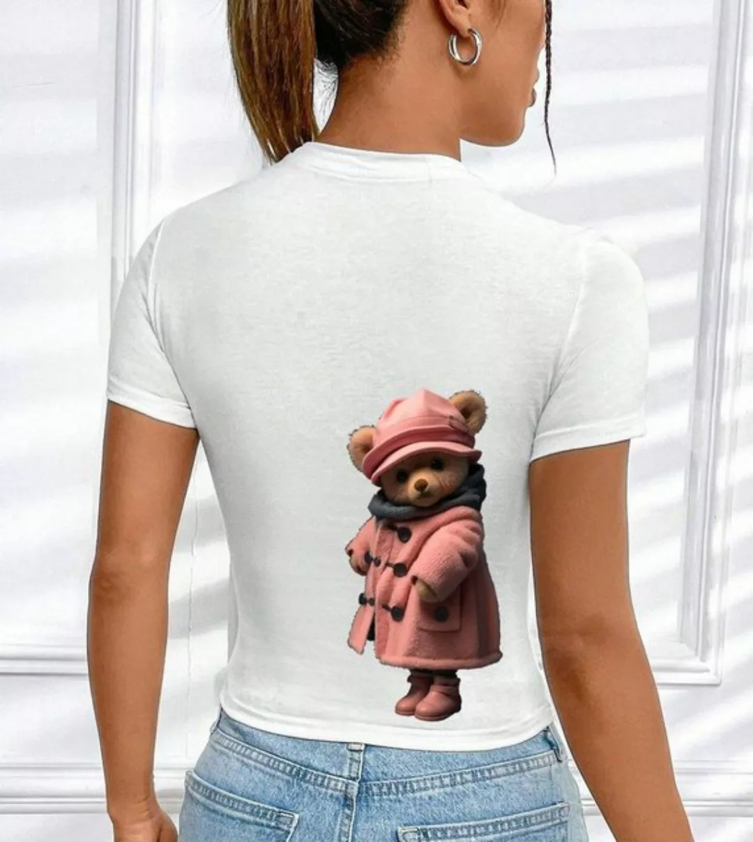 RMK Kurzarmshirt Damen T-Shirt kurzarm Top Sommer Rundhals süßer Teddybär B günstig online kaufen