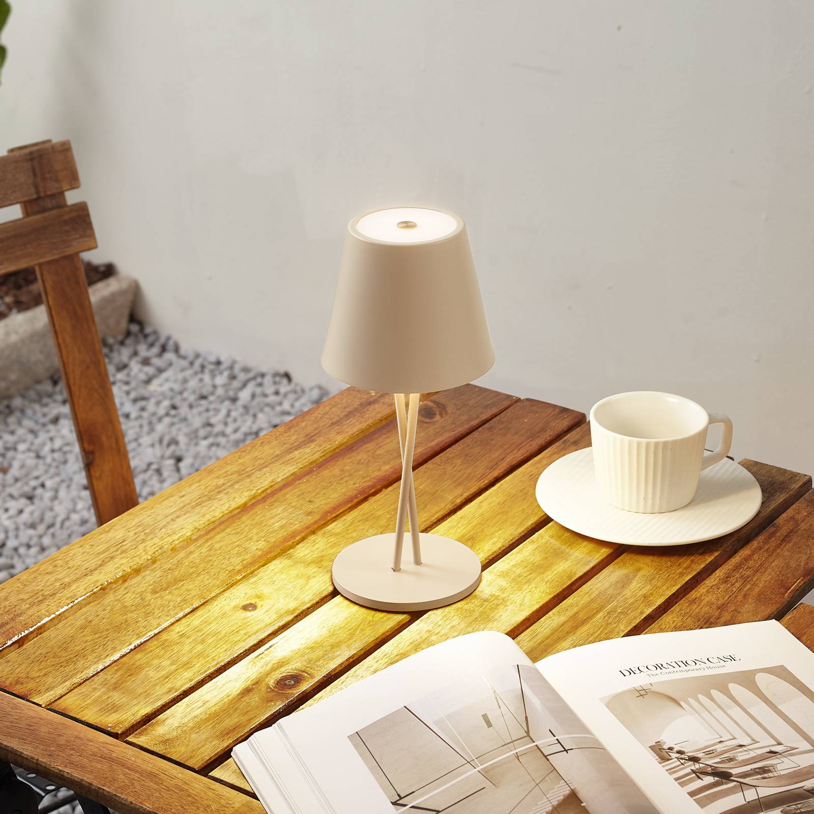 Lindby LED-Akkutischleuchte Janea, CROSS, beige, Metall günstig online kaufen