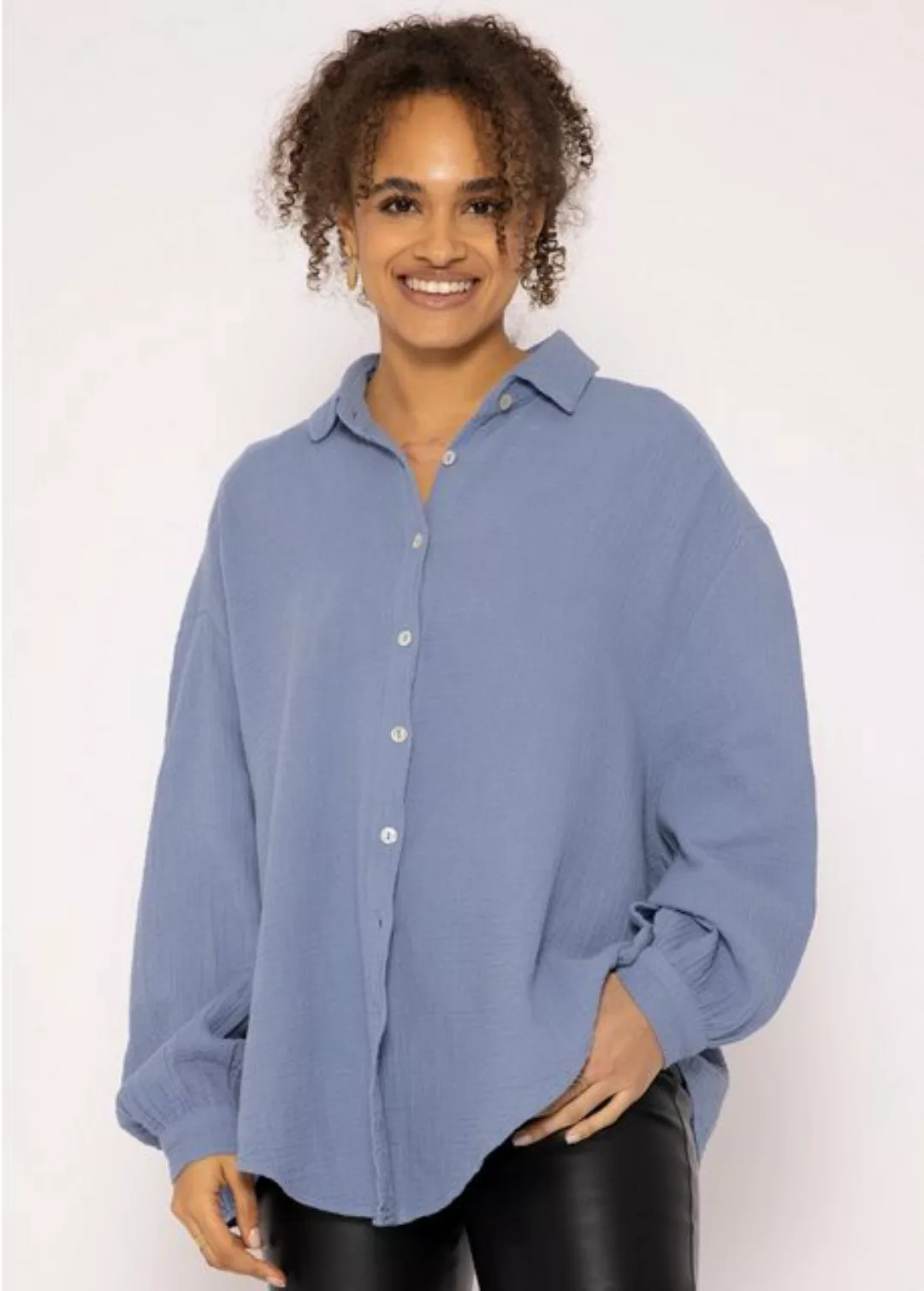 SASSYCLASSY Longbluse Oversize Musselin Bluse Damen Langarm Hemdbluse lang günstig online kaufen