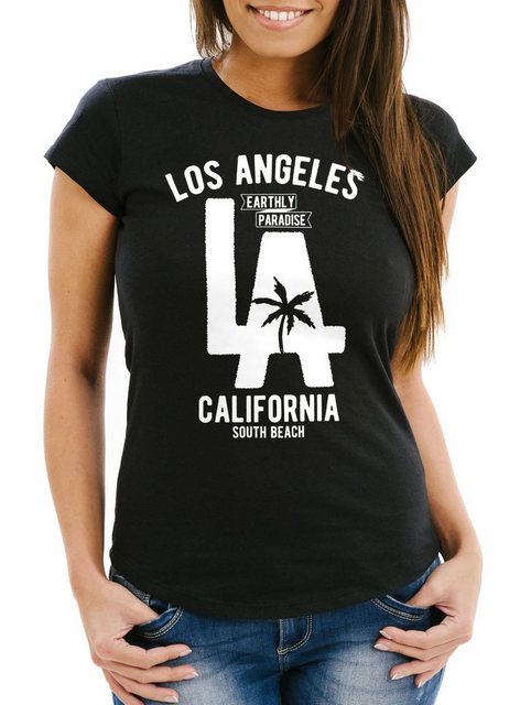 Neverless Print-Shirt Damen T-Shirt Los Angeles California LA Palme Slim Fi günstig online kaufen