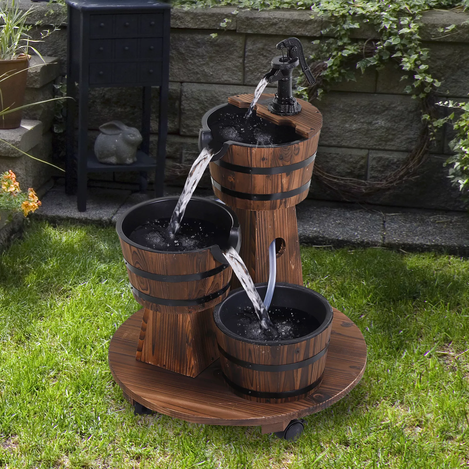 Outsunny Kaskadenbrunnen Holzfass mit Wasserpumpe, Zimmerbrunnen aus Tannen günstig online kaufen