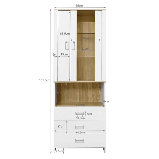 Furnishings Home Hochschrank Weiße Vitrine + LED-Licht + 3 Schubladen + 4 F günstig online kaufen