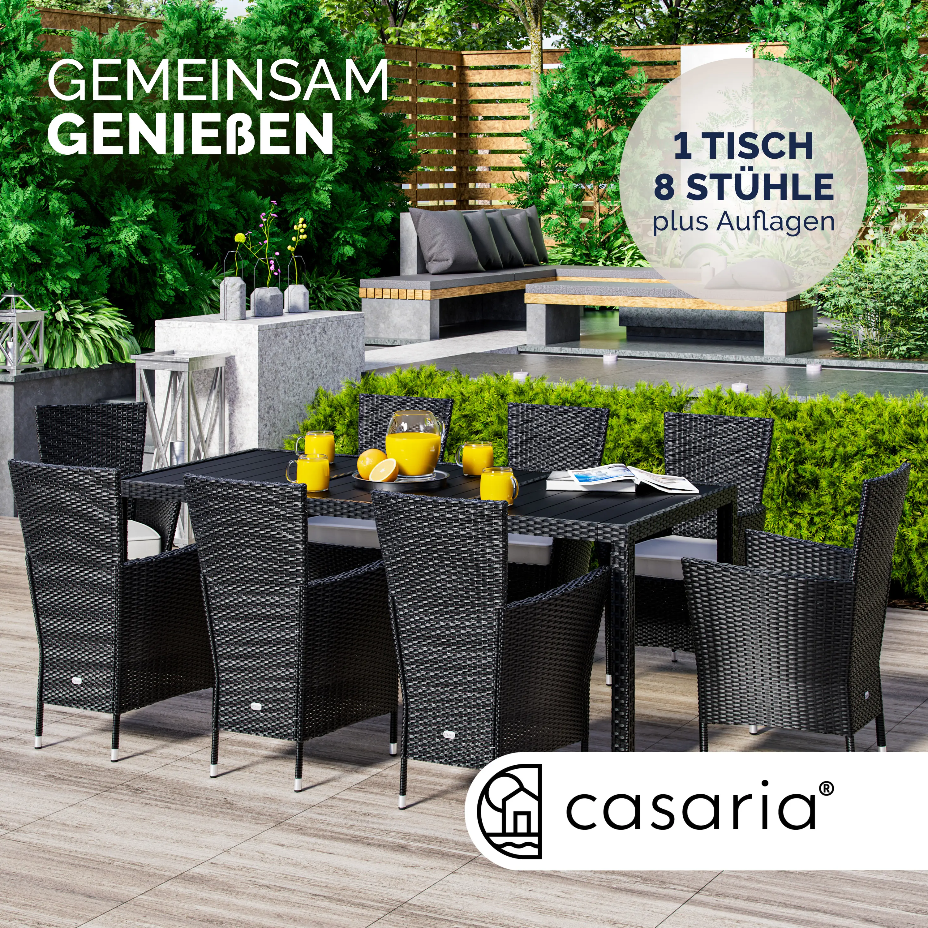 Polyrattan Garten-Sitzgruppe 9-tlg Schwarz-Creme günstig online kaufen