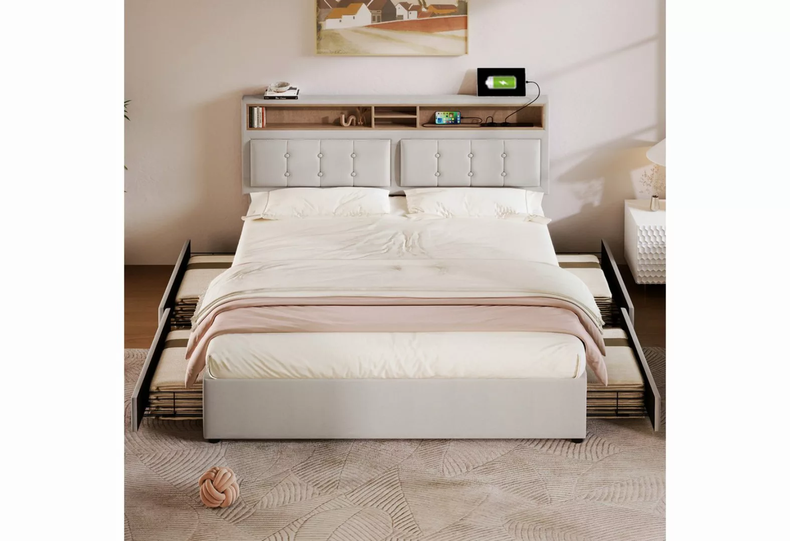 HT Polsterbett, Doppelbett mit 4 Schubladen, Lattenrost aus Holz(Ohne Matra günstig online kaufen