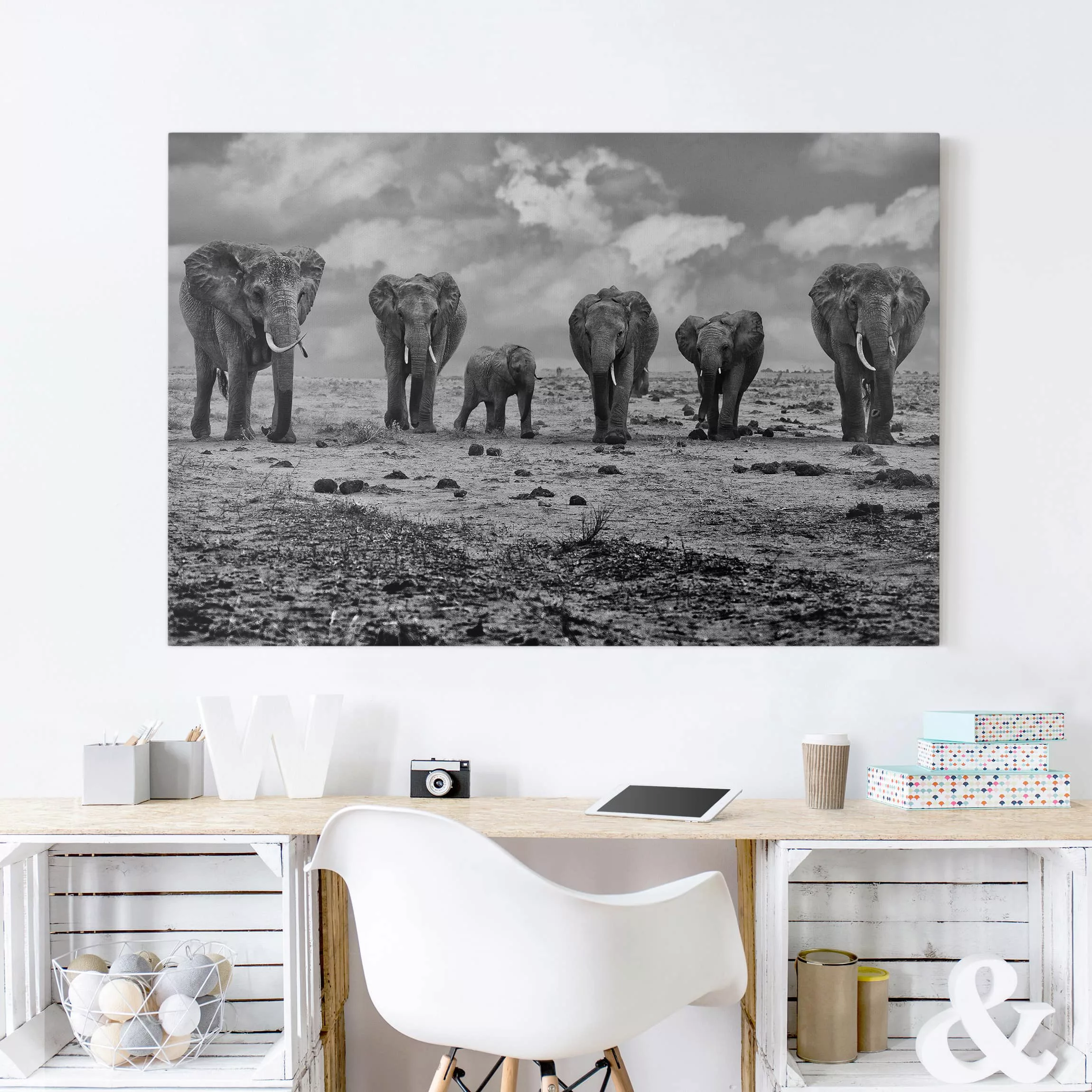 Leinwandbild Elefant - Querformat Großfamilie günstig online kaufen