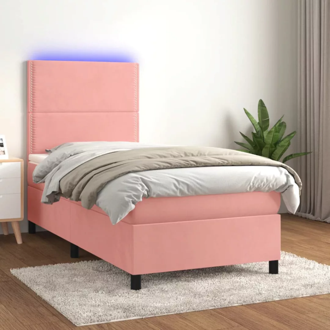 vidaXL Bettgestell Boxspringbett mit Matratze LED Rosa 100x200 cm Samt Bett günstig online kaufen