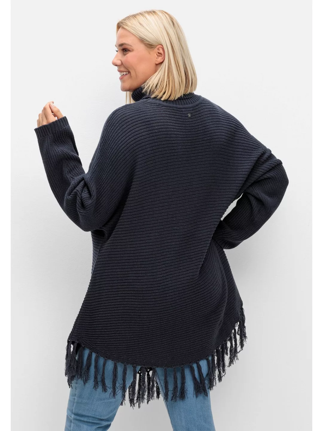 Sheego Strickpullover "Große Größen", in weiter Ponchoform mit Fransensaum günstig online kaufen