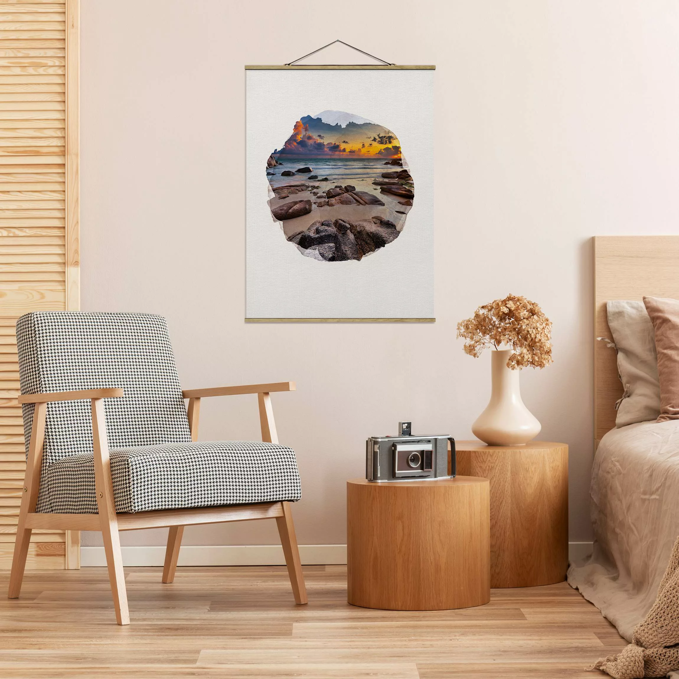 Stoffbild Strand mit Posterleisten - Hochformat Wasserfarben - Strand Sonne günstig online kaufen