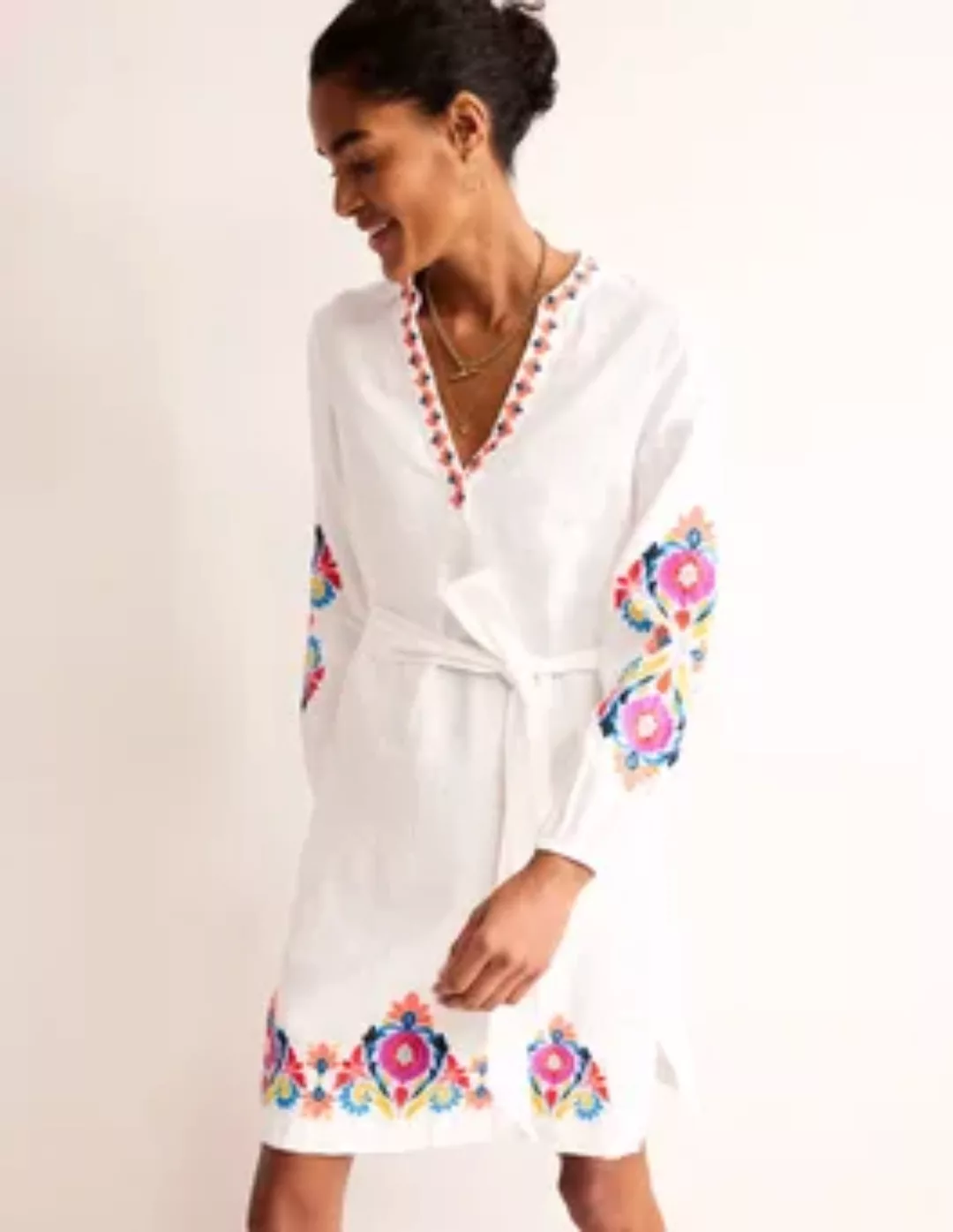 Cleo Besticktes Leinenkleid Damen Boden, Weiß Stickerei günstig online kaufen