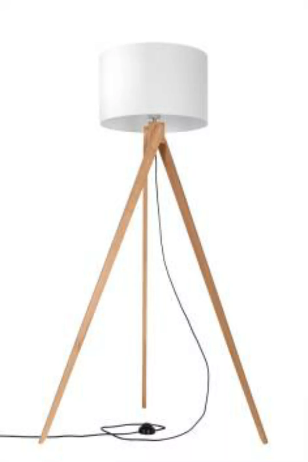 Stehlampe Dreibein 140 cm Fußschalter Stoff Holz günstig online kaufen