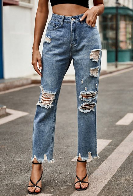 CHENIN Slouchy Jeans Lässige slim-fit-jeans mit offener kante und rissen Lo günstig online kaufen