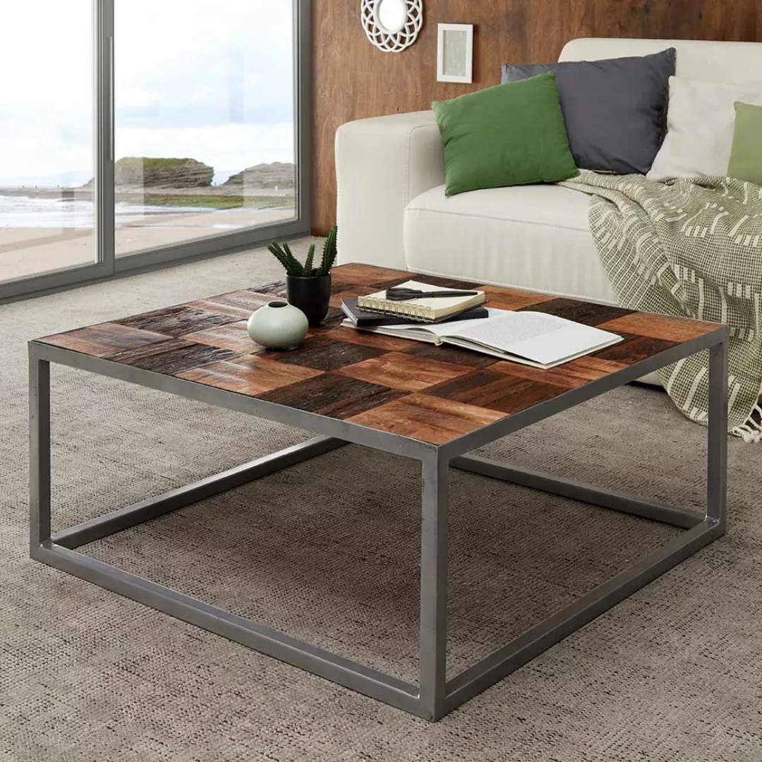 Wohnzimmertisch im Loft Design Tischplatte in Patchwork Optik günstig online kaufen