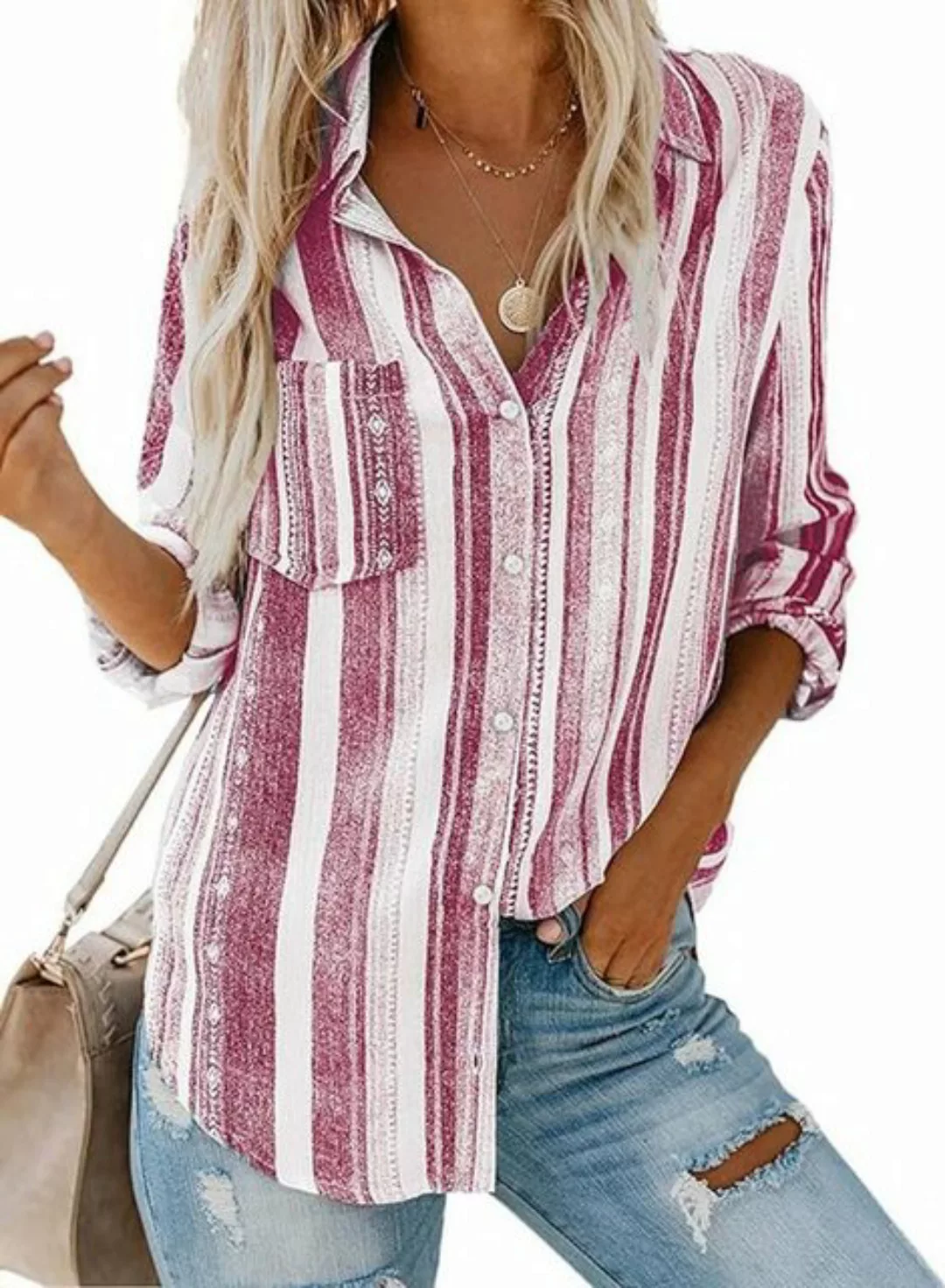 FIDDY Langarmbluse Damen Bluse Langarm Hemden Streifen Oberteile Casual Lan günstig online kaufen