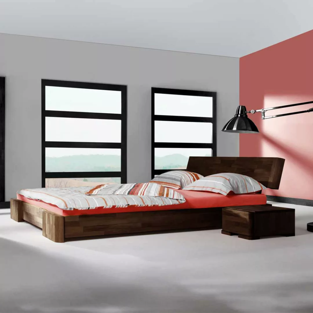 Doppelbett aus Buche Massivholz Nussbaumfarben günstig online kaufen